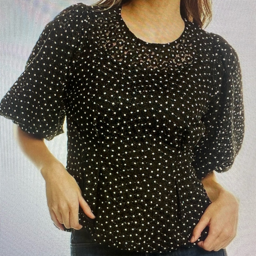 Gracia Black Textured Polka Dot Puff Sleeve Top – Size L – NWT